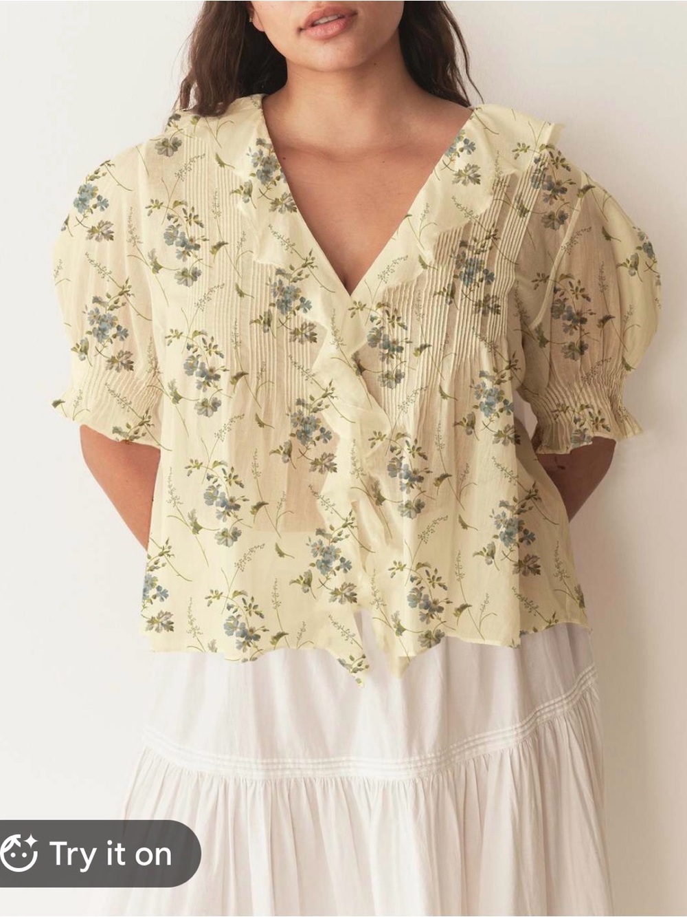 Doen Pale Yellow Floral Pintuck V-Neck Blouse